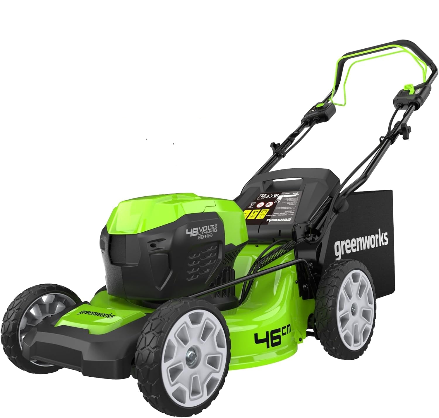 Greenworks 48V (2x24V) Self Propelled Cordless Lawnmower for Large Lawns up to 480m2, 46cm Cutting Width, 55LBag PLUS Two 4Ah Batteries and Twin Charger, 3 Year Guarantee GD24X2LM46SPK4X