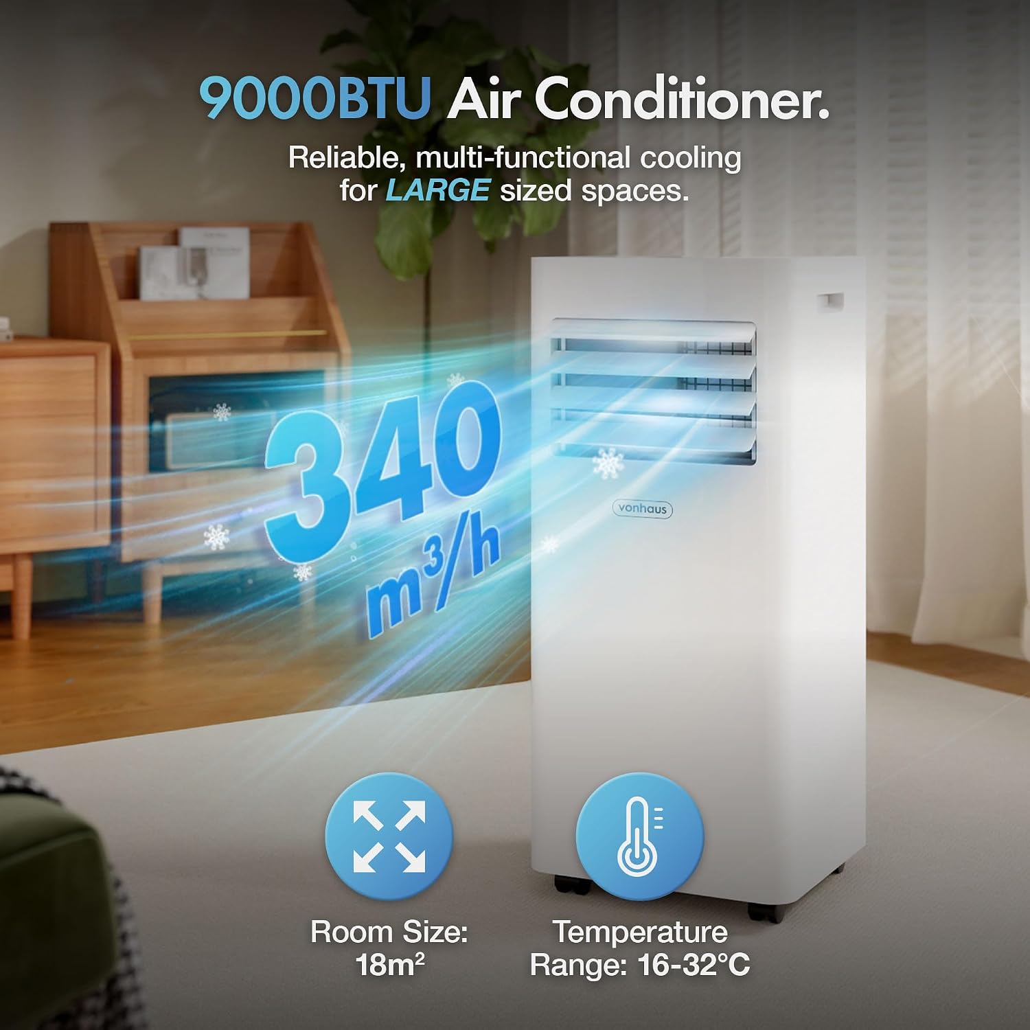 VonHaus Air Conditioning Unit 9000 BTU – Portable Air Conditioner, Dehumidifier Mode, Air Con, Window Venting Kit, Remote Control, 4 Modes, 2 Speeds, 24hr Timer, LED Display, x4 Wheels, Carry Handles