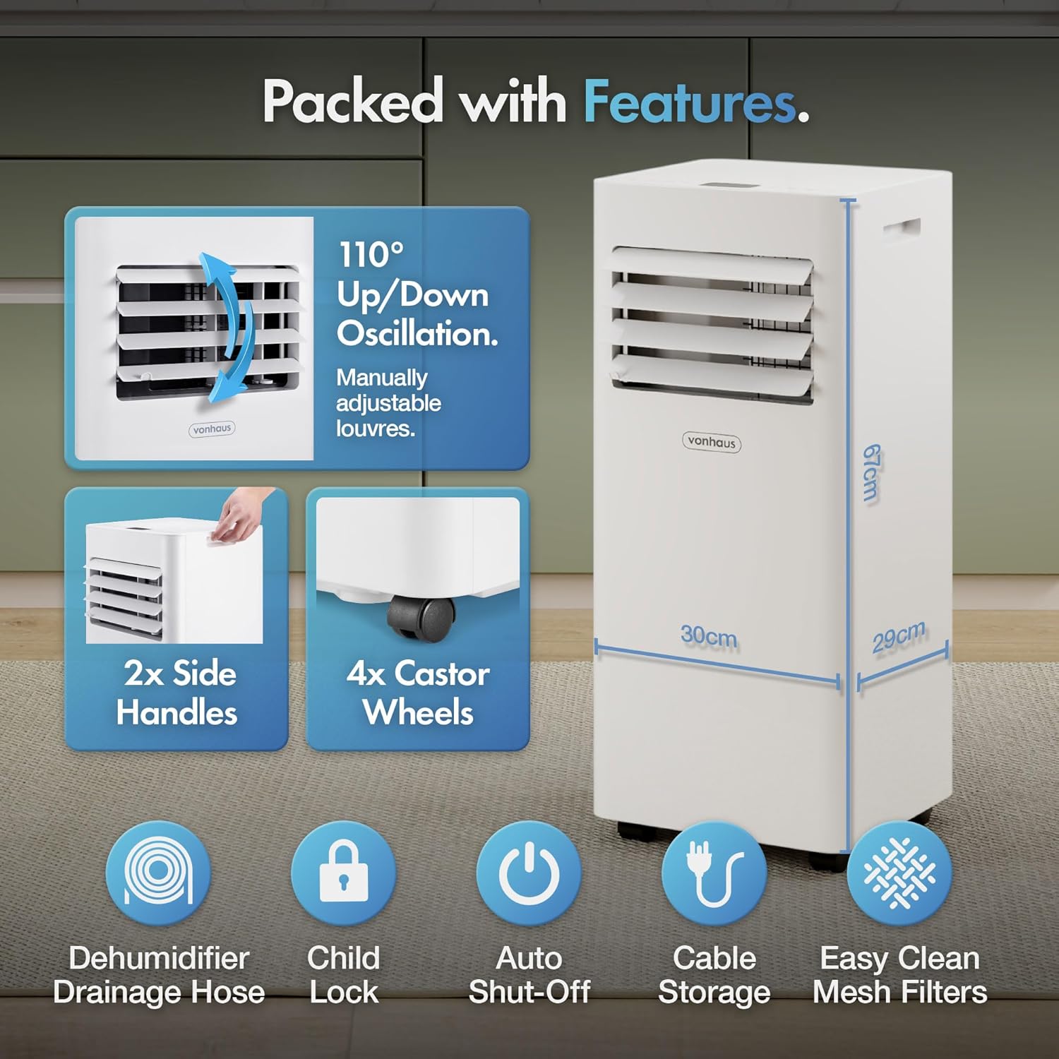 VonHaus Air Conditioning Unit 9000 BTU – Portable Air Conditioner, Dehumidifier Mode, Air Con, Window Venting Kit, Remote Control, 4 Modes, 2 Speeds, 24hr Timer, LED Display, x4 Wheels, Carry Handles