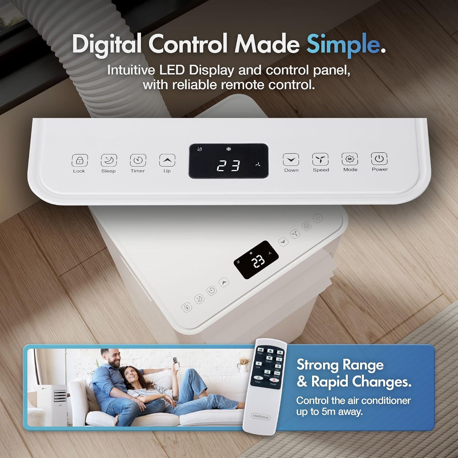 VonHaus Air Conditioning Unit 9000 BTU – Portable Air Conditioner, Dehumidifier Mode, Air Con, Window Venting Kit, Remote Control, 4 Modes, 2 Speeds, 24hr Timer, LED Display, x4 Wheels, Carry Handles