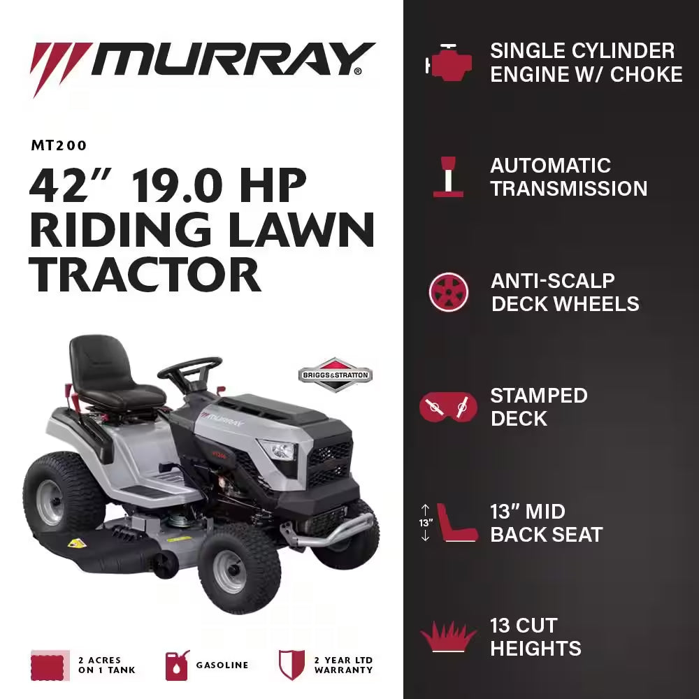 42-Inch Gas Riding Lawn Tractor with 19 HP Engine & Automatic Transmission