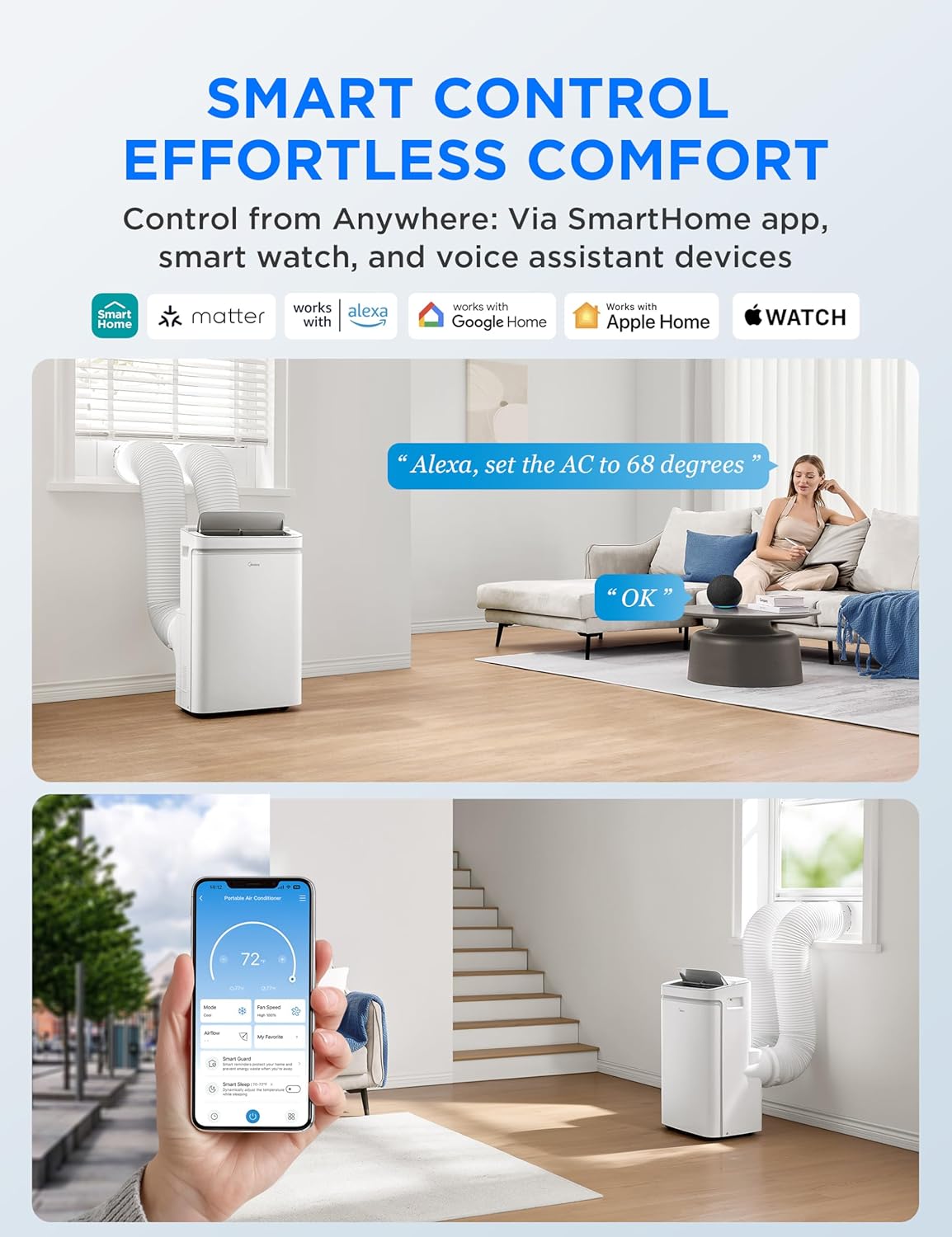 Midea 14,000 BTU ASHRAE (12,000 BTU SACC) Dual Hose Portable Air Conditioner with Inverter, Remote Control, Cools up to 550 Sq Ft, Smart Wi-Fi Connects to Alexa/Google Assistant, Window Kit Included