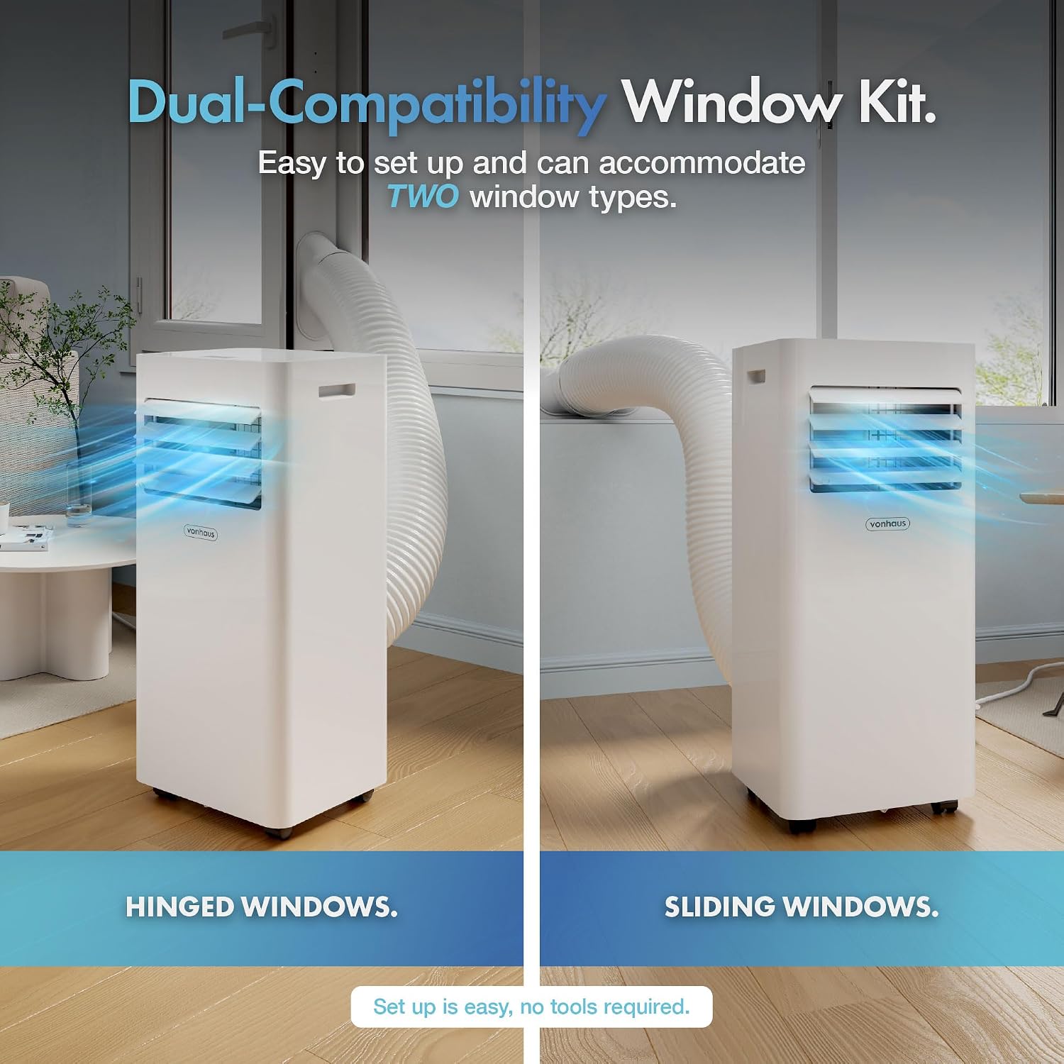 VonHaus Air Conditioning Unit 9000 BTU – Portable Air Conditioner, Dehumidifier Mode, Air Con, Window Venting Kit, Remote Control, 4 Modes, 2 Speeds, 24hr Timer, LED Display, x4 Wheels, Carry Handles