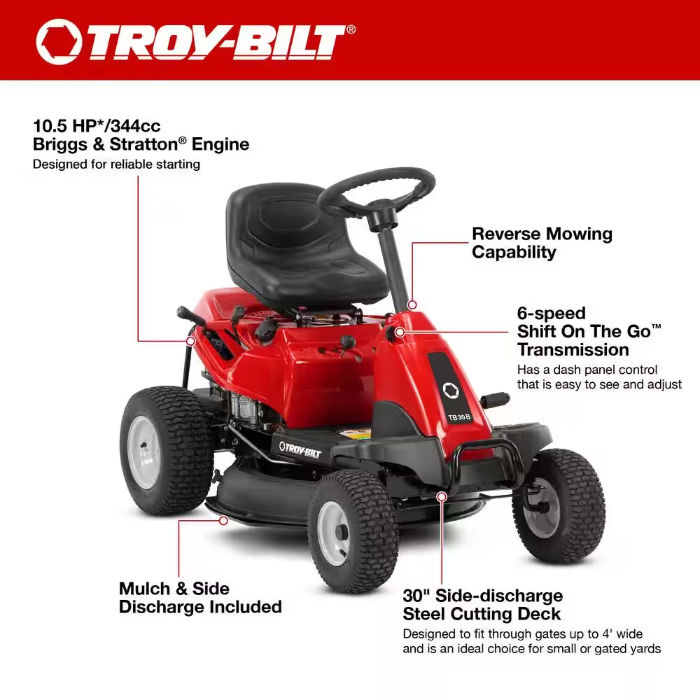 30-Inch Gas Rear Engine Riding Lawn Mower with 10.5 HP Engine, 6-Speed Manual Drive & Mulch Kit